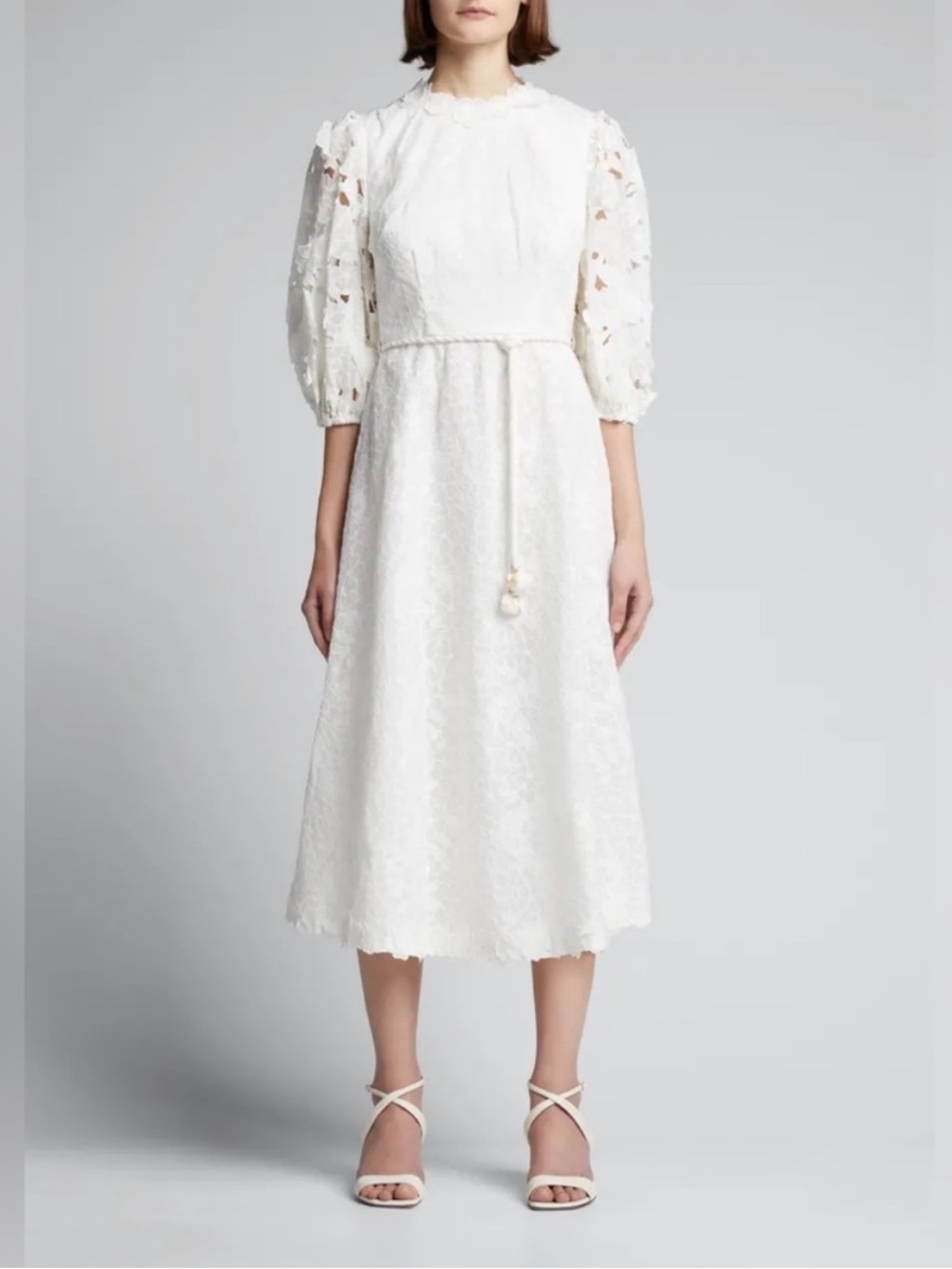 Zimmermann Lola Midi Dress Floral Applique Embroidered Bride Ramie Ivory Size 0P